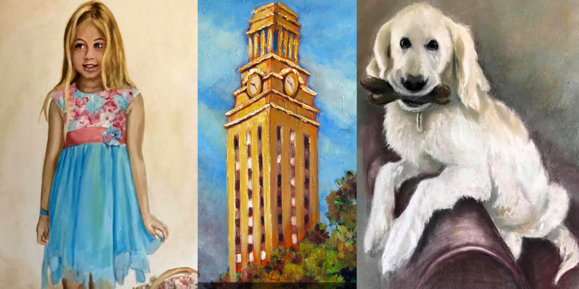 A 3 paneled image. On the left, a colorful pastel portrait of a young girl with blonde hair and a light blue dress. In the center, the UT Tower painted in golds and yellows. On the left, a pastel portrait of a white dog sitting on a burgundy couch with a bone bone in its mouth.