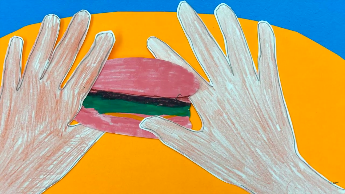 Eat, Jump, Family Time. Paper animated hands holding a delicious paper hamburger.