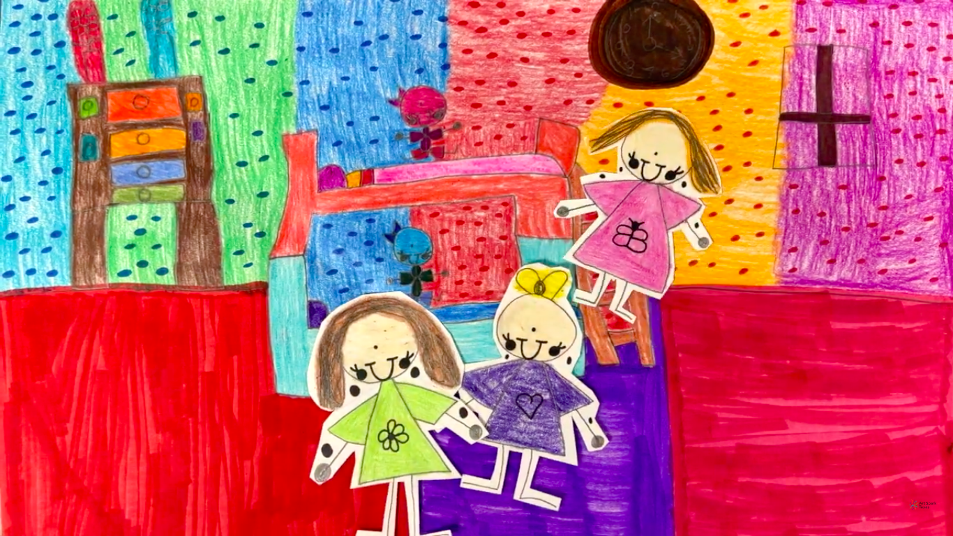 Paper animated girls play on bunk beds in a colorful room.