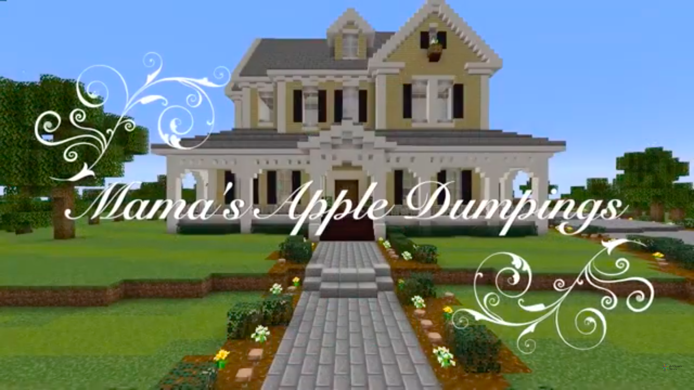 Mama's Apple Dumplings. Animation of a big southern style white house sitting atop a grass hill.