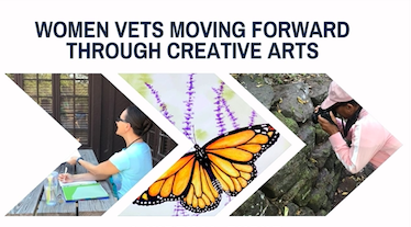 A series of right facing arrows with images of a woman writing at a table, a painting of a monarch butterfly, and a woman taking a photo.