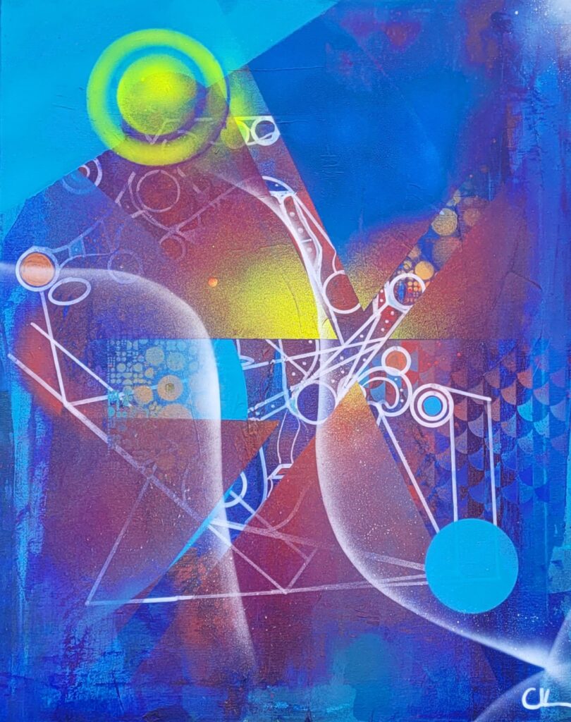 Blue abstract acrylic painting with spray painted lines and circles in various colors