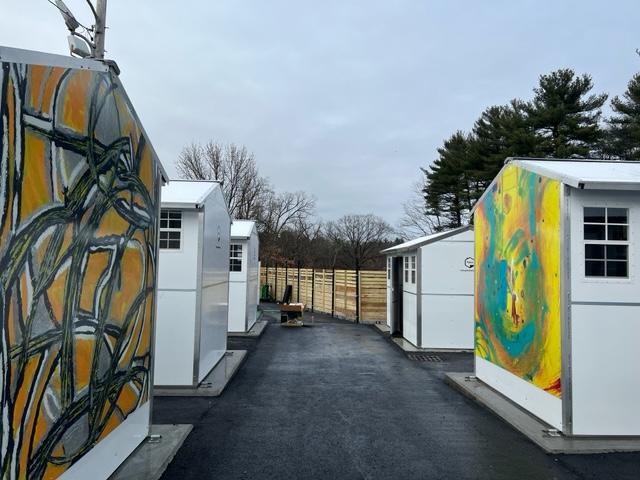 A row of white tiny homes. Two with murals on the side