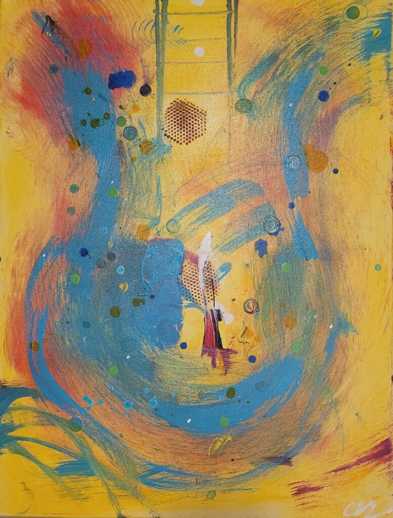 Yellow abstract painting with blue and red splatters resembling the shape of a guitar. A small angel figure in the center